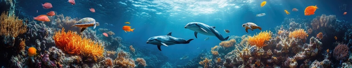 Obraz premium Underwater scene of a vibrant coral reef with dolphins.