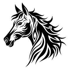 Black Horse Silhouette Vector Illustration - Wild Stallion, Animal Head Art, Horse Portrait,Detailed black silhouette of a powerful horse head, showcasing the beauty of wild stallions