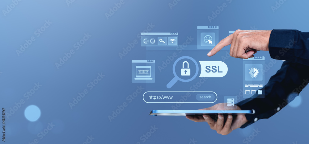 Poster cybersecurity concept with ssl encryption lock on tablet and hand pointing interface.