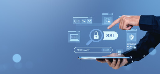Cybersecurity concept with SSL encryption lock on tablet and hand pointing interface.