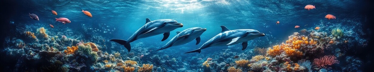 Obraz premium Three dolphins swimming through a vibrant coral reef.
