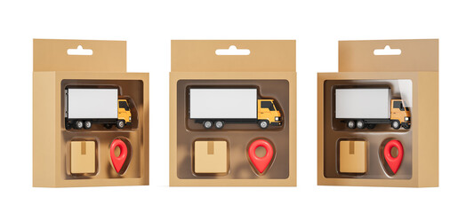 Toy delivery truck with package and location pin in retail box packaging isolated on white background, creative logistics concept display set. 3D Rendering