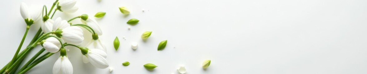 Delicate snowdrop bouquet & scattered petals on pristine white , closeup, flower arrangement, texture