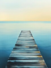 Fototapeta premium Serene wooden pier extending into calm waters at sunset, evoking tranquility and reflection