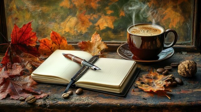 Cozy autumn scene with open notebook and pen beside steaming coffee cup on window sill decorated with colorful fallen leaves and natural stones
