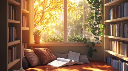 Cozy reading nook by large window with sunlight streaming in, surrounded by bookshelves filled with books, indoor plants, and a comfortable seating area