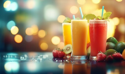 Refreshing Summer Drinks with Fruits and Colorful Backgrounds