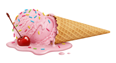 Isolated Strawberry Ice Cream Cone with Cherry