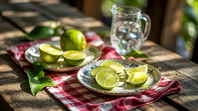 Fresh Limes and Water Pitcher on Rustic Wooden Table with Checke