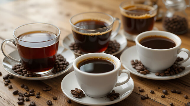 A balanced and professional capture of exotic coffee tasting: close-up still life of jamaican blue mountain, kona, kapeng barako, instant, and java coffees served on tableware