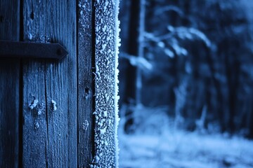 Close-up of a frosty wooden door with winter scenery blurred in the cold blue background.