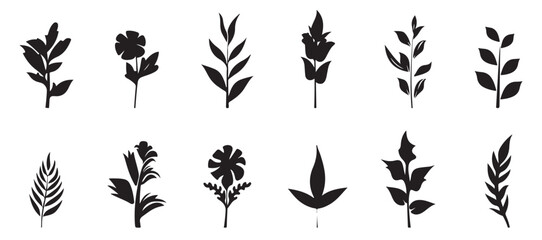Flower abstract hand drawn brush ink stroke. Sketch hand drawn silhouette floral plant, nature graphic leaf, floral grunge abstract brush. Vector simple flower, leaf ink stroke. Vector illustration