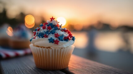 Red, white, and blue cupcake with star sprinkles, celebrating American Independence Day with festive joy.