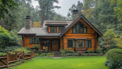 Rustic log cabin nestled within a wooded landscape.