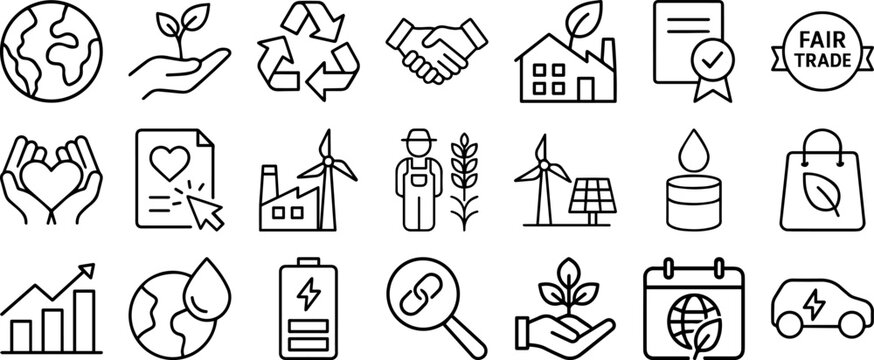 Fair Trade & Sustainability Line Icon Set &ndash; 21 Thin Linear Eco & Ethical Icons
