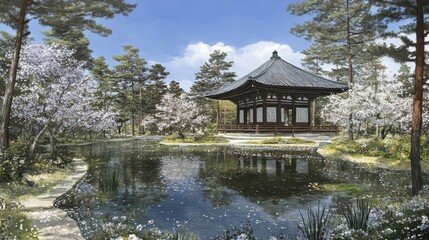 Obraz premium Serene Japanese garden with tranquil pond and traditional architecture under a bright cloudy sky creating calming zen atmosphere