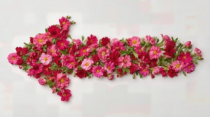 A stunning floral arrangement in the shape of an arrow, made from pink and red flowers, symbolizes love and nature, creating a vibrant and modern design.
