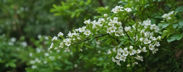 Abundant tiny white flowers adorn a miniature branch amidst rich green foliage , green, closeup, vibrant