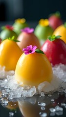 A delightful composition of multi-colored spherical sweets decorated with flowers and ice, in molecular cuisine