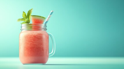 Refreshing Juicy Watermelon Smoothie in Mason Jar with Mint Garnish and Straw on Bright Pastel Blue Background Perfect for Summer Healthy Drink