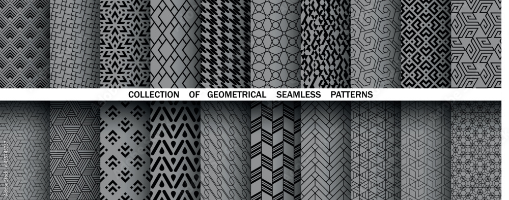 Poster geometric floral set of seamless patterns. gray and black vector backgrounds. damask graphic ornamen