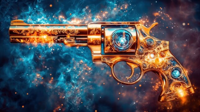Ornate gold revolver cosmic nebula background fantasy weapon detailed design