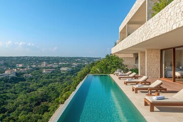 Fototapeta premium Luxury villa with stunning pool overlooking lush landscape in a tropical setting during a clear sunny day