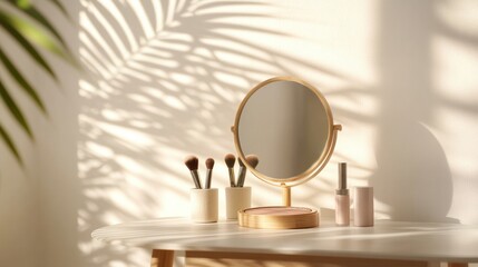 Elegant vanity table with round mirror and collection of makeup brushes and skin care bottles in natural sunlight, minimalistic beauty setup for women