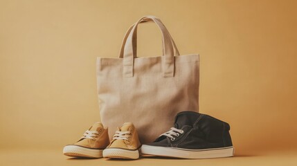 Stylish beige s tote bag with two pairs of trendy sneakers on a neutral background perfect for fashion accessories and casual footwear displays
