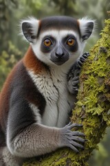 Obraz premium Crouching lemur clings tightly to a lichen covered branch, eyes wide with apprehension , alert, primate, lemur
