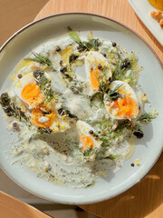 Boiled eggs with greek yogurt mint sauce for breakfast. Delicious food. Bruch menu. Healthy recipes. Easy home cooking. Diet food dish. High Protein. eggs recipe. Easy breakfast. Yogurt deep. 