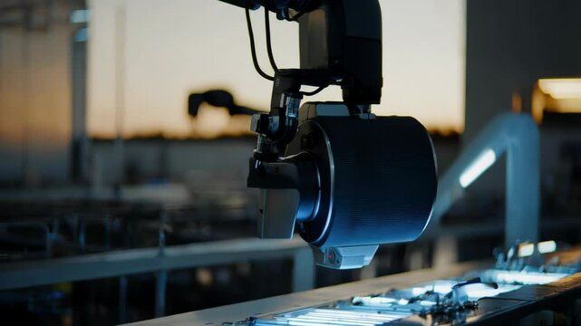 Automated industrial robotic arm with cylindrical end effector processes items on a conveyor belt