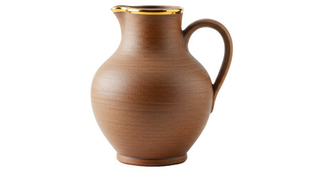 Isolated Rustic Brown Ceramic Pitcher with Gold Rim