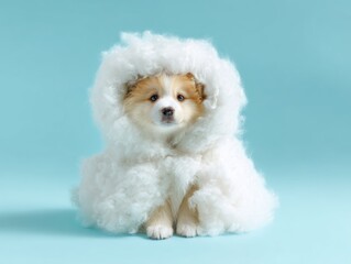 A puppy in a mini cloud costume, head poking out from the fluff with a curious expression, isolated pale blue background