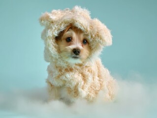 A puppy in a mini cloud costume, head poking out from the fluff with a curious expression, isolated pale blue background