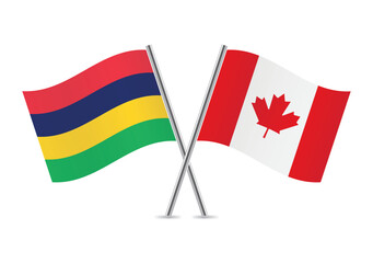Mauritius and Canada crossed flags. Mauritian and Canadian flags on a white background. Vector icon set. Vector illustration.