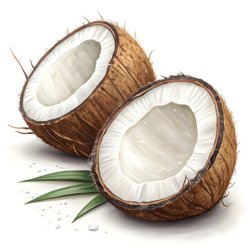 halved coconuts with green leaves clip art preview
