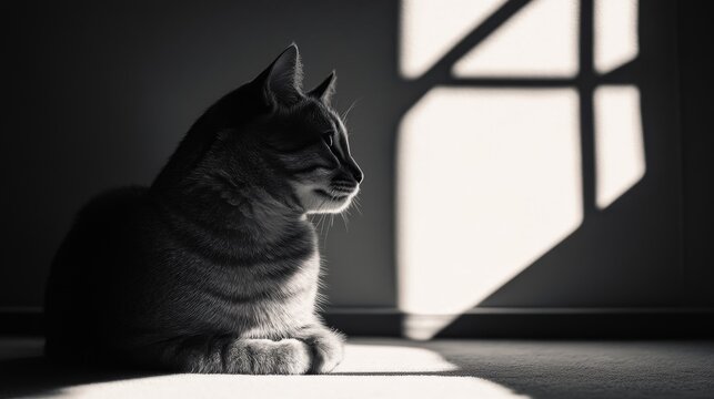 A cat basking in a sunbeam, black and white photo - Powered by Adobe