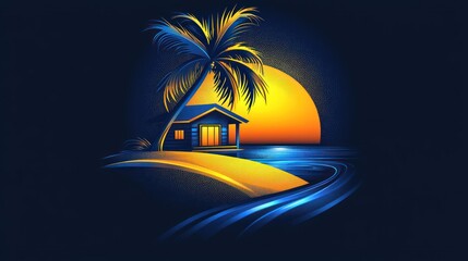 Tropical Sunset Paradise: Beach House, Palm Tree, and Ocean Waves