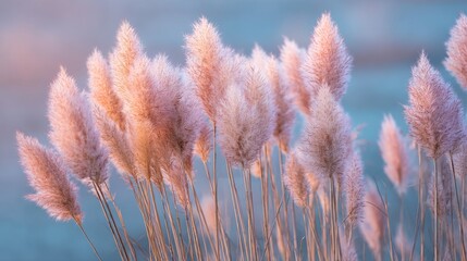 Dry pampas grass in soft pastel tones, a boho outdoor arrangement. Serene beauty in warm sunset hues.
