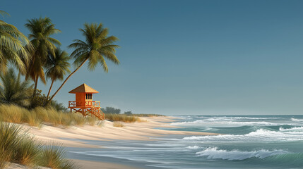 Naklejka premium Seaside Paradise: Palm trees sway gently in a cool ocean breeze. Beside them, a vibrant lifeguard station overlooks the ocean, painting a picture of serenity.
