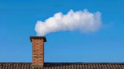 The white smoke rising from the chimney on a residential house raises awareness of heating practices in winter and their contribution to environmental pollution.
