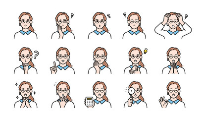 眼鏡をかけた働くオシャレな若い女性の表情イラストセット