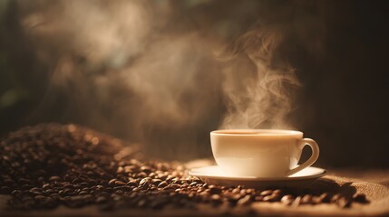 "Steaming fresh white coffee cup surrounded by artfully spilled roasted beans in warm earthy tones, close-up product photography with soft directional lighting highlighting textures"
