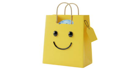 Isolated Yellow Shopping Bag with Smiley Face and Earth Globe