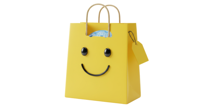 Isolated Yellow Shopping Bag with Smiley Face and Earth Globe