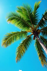Lush green palm tree trunk and fronds against vibrant blue sky, sea, bright, stock photo