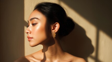 Naklejka premium Elegant Asian woman with natural makeup, embodying timeless beauty and luxury 
