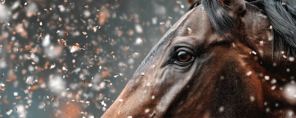 Luxury horse racing portrait concept. Close-up of a horse with a snowy background