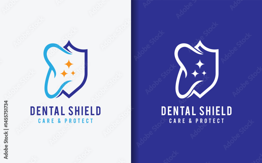 Poster abstract minimalist logo combining a tooth and shield in a sleek design